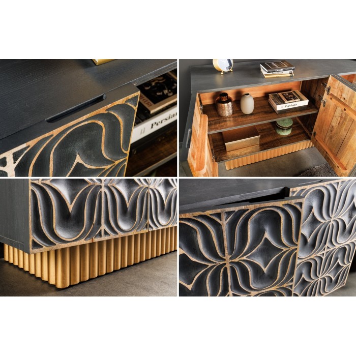 Buffet PALAZZO 180 cm – Bois massif gris et doré – Sculpté style rétro-vénitien