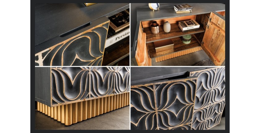 Buffet PALAZZO 180 cm – Bois massif gris et doré – Sculpté style rétro-vénitien