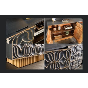 Buffet PALAZZO 180 cm – Bois massif gris et doré – Sculpté style rétro-vénitien