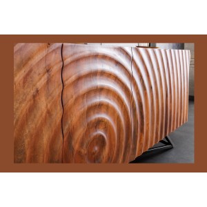 Buffet ONDARA 180 cm – Bois massif sculpté 3D et métal noir – 4 portes