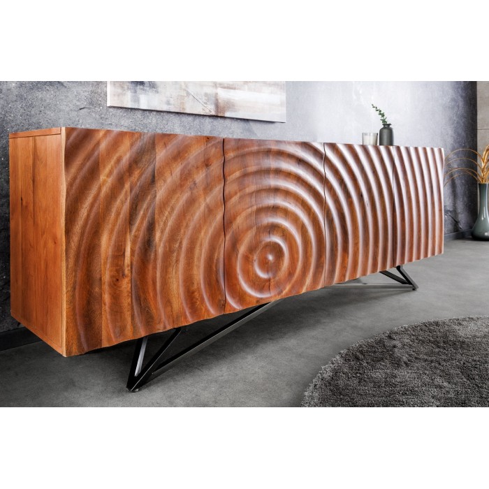 Buffet ONDARA 180 cm – Bois massif sculpté 3D et métal noir – 4 portes