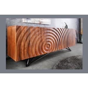 Buffet ONDARA 180 cm – Bois massif sculpté 3D et métal noir – 4 portes