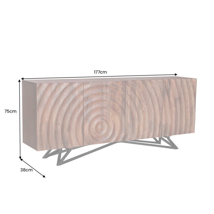 Buffet ONDARA 180 cm – Bois massif sculpté 3D et métal noir – 4 portes