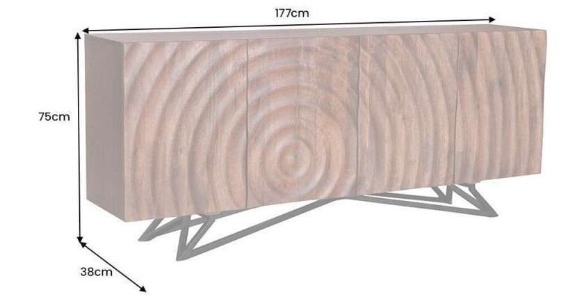 Buffet ONDARA 180 cm – Bois massif sculpté 3D et métal noir – 4 portes
