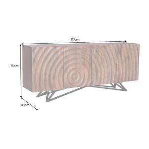 Buffet ONDARA 180 cm – Bois massif sculpté 3D et métal noir – 4 portes