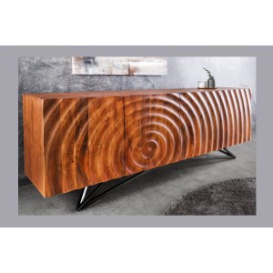 Buffet ONDARA 180 cm – Bois massif sculpté 3D et métal noir – 4 portes
