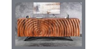 Buffet ONDARA 180 cm – Bois massif sculpté 3D et métal noir – 4 portes