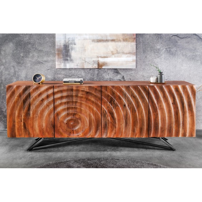 Buffet ONDARA 180 cm – Bois massif sculpté 3D et métal noir – 4 portes