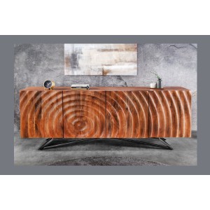 Buffet ONDARA 180 cm – Bois massif sculpté 3D et métal noir – 4 portes