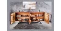 Buffet ONDARA 180 cm – Bois massif sculpté 3D et métal noir – 4 portes