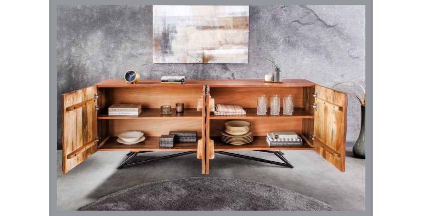 Buffet ONDARA 180 cm – Bois massif sculpté 3D et métal noir – 4 portes