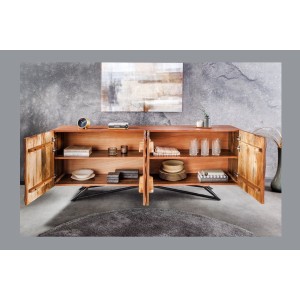 Buffet ONDARA 180 cm – Bois massif sculpté 3D et métal noir – 4 portes