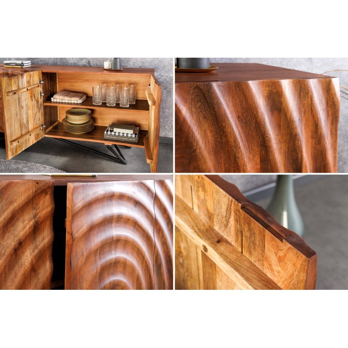 Buffet ONDARA 180 cm – Bois massif sculpté 3D et métal noir – 4 portes