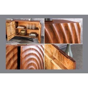 Buffet ONDARA 180 cm – Bois massif sculpté 3D et métal noir – 4 portes