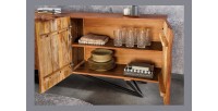 Buffet ONDARA 180 cm – Bois massif sculpté 3D et métal noir – 4 portes