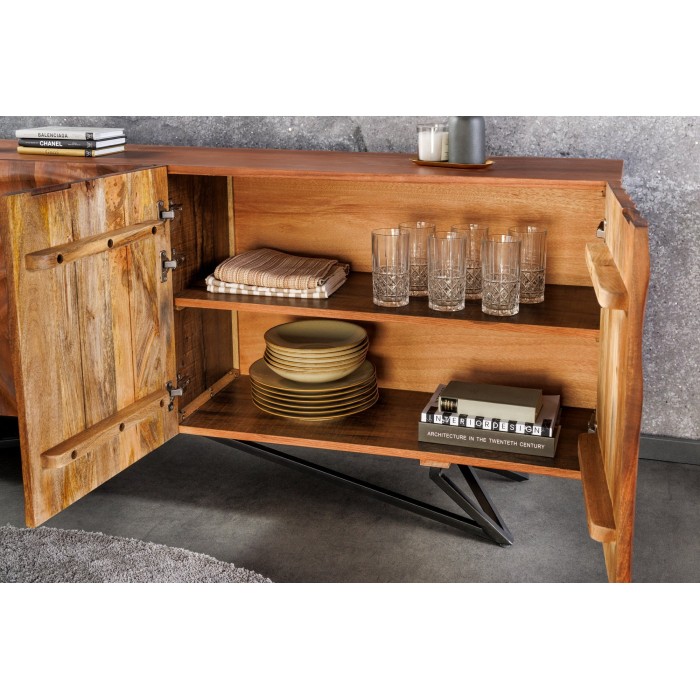 Buffet ONDARA 180 cm – Bois massif sculpté 3D et métal noir – 4 portes