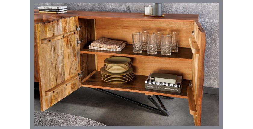Buffet ONDARA 180 cm – Bois massif sculpté 3D et métal noir – 4 portes