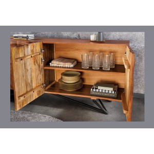 Buffet ONDARA 180 cm – Bois massif sculpté 3D et métal noir – 4 portes