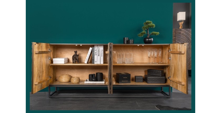 Buffet ZENWOOD 180 cm – Bois massif sculpté cercles concentriques – 4 portes