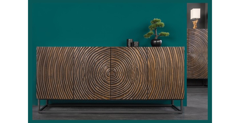 Buffet ZENWOOD 180 cm – Bois massif sculpté cercles concentriques – 4 portes