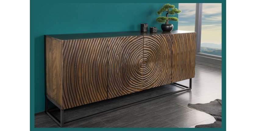 Buffet ZENWOOD 180 cm – Bois massif sculpté cercles concentriques – 4 portes