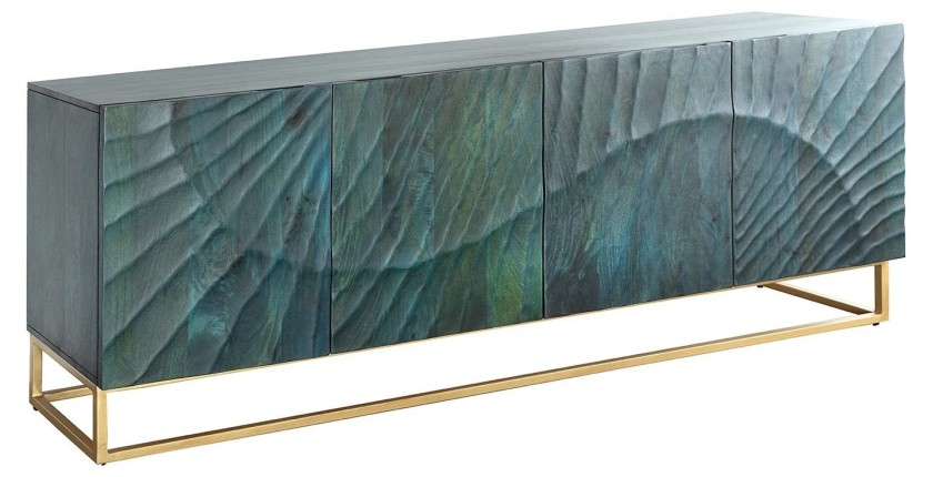 Buffet LUMBER 180 cm – Bois sculpté turquoise et doré, style design contemporain