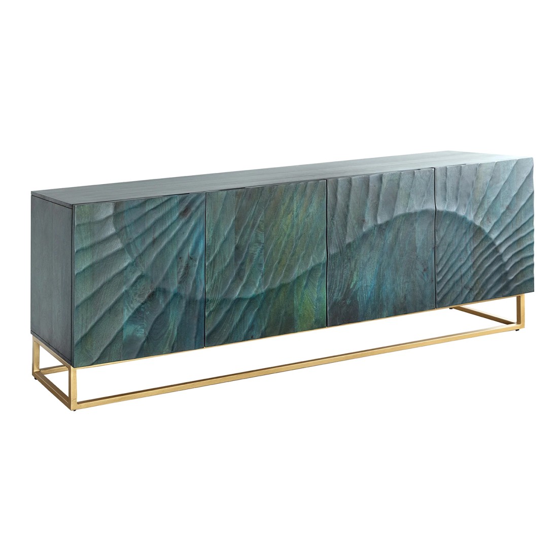Buffet LUMBER 180 cm – Bois sculpté turquoise et doré, style design contemporain