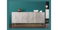 Buffet ZENWOOD 180 cm – Bois massif blanc sculpté cercles – Pieds dorés