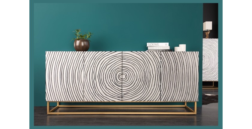 Buffet ZENWOOD 180 cm – Bois massif blanc sculpté cercles – Pieds dorés