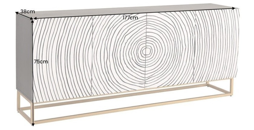 Buffet ZENWOOD 180 cm – Bois massif blanc sculpté cercles – Pieds dorés