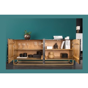 Buffet ZENWOOD 180 cm – Bois massif blanc sculpté cercles – Pieds dorés