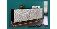 Buffet ZENWOOD 180 cm – Bois massif blanc sculpté cercles – Pieds dorés