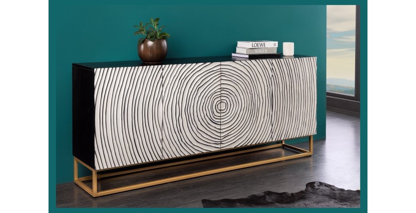 Buffet ZENWOOD 180 cm – Bois massif blanc sculpté cercles – Pieds dorés