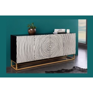 Buffet ZENWOOD 180 cm – Bois massif blanc sculpté cercles – Pieds dorés