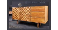 Buffet ARAVIS 145 cm – Bois massif acacia clair sculpté – 2 portes et 3 tiroirs