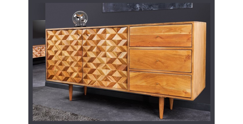 Buffet ARAVIS 145 cm – Bois massif acacia clair sculpté – 2 portes et 3 tiroirs