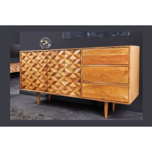 Buffet ARAVIS 145 cm – Bois massif acacia clair sculpté – 2 portes et 3 tiroirs