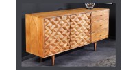Buffet ARAVIS 145 cm – Bois massif acacia clair sculpté – 2 portes et 3 tiroirs