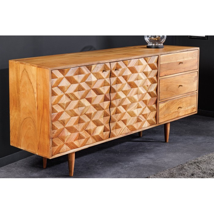 Buffet ARAVIS 145 cm – Bois massif acacia clair sculpté – 2 portes et 3 tiroirs