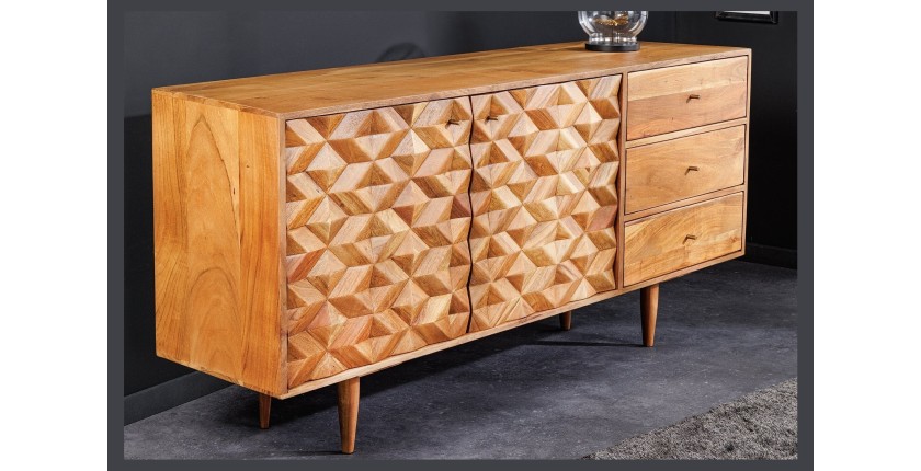 Buffet ARAVIS 145 cm – Bois massif acacia clair sculpté – 2 portes et 3 tiroirs