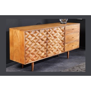 Buffet ARAVIS 145 cm – Bois massif acacia clair sculpté – 2 portes et 3 tiroirs