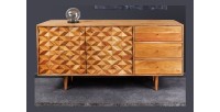 Buffet ARAVIS 145 cm – Bois massif acacia clair sculpté – 2 portes et 3 tiroirs