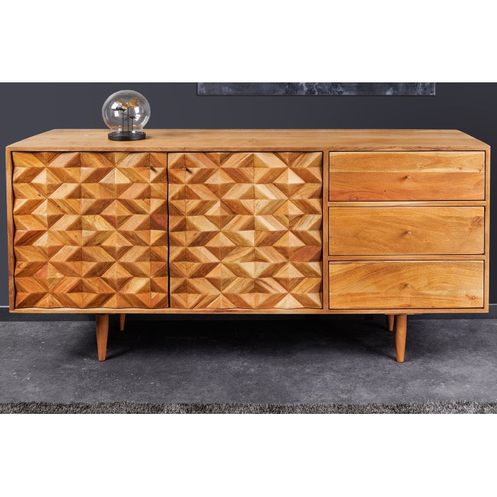 Buffet ARAVIS 145 cm – Bois massif acacia clair sculpté – 2 portes et 3 tiroirs