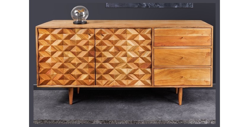 Buffet ARAVIS 145 cm – Bois massif acacia clair sculpté – 2 portes et 3 tiroirs