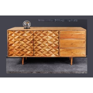 Buffet ARAVIS 145 cm – Bois massif acacia clair sculpté – 2 portes et 3 tiroirs