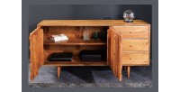 Buffet ARAVIS 145 cm – Bois massif acacia clair sculpté – 2 portes et 3 tiroirs