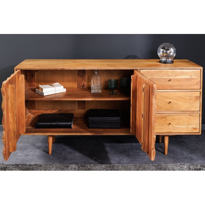 Buffet ARAVIS 145 cm – Bois massif acacia clair sculpté – 2 portes et 3 tiroirs