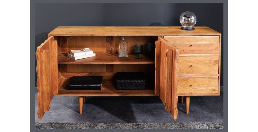 Buffet ARAVIS 145 cm – Bois massif acacia clair sculpté – 2 portes et 3 tiroirs