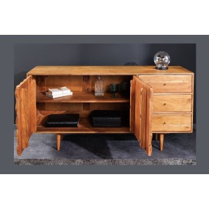 Buffet ARAVIS 145 cm – Bois massif acacia clair sculpté – 2 portes et 3 tiroirs