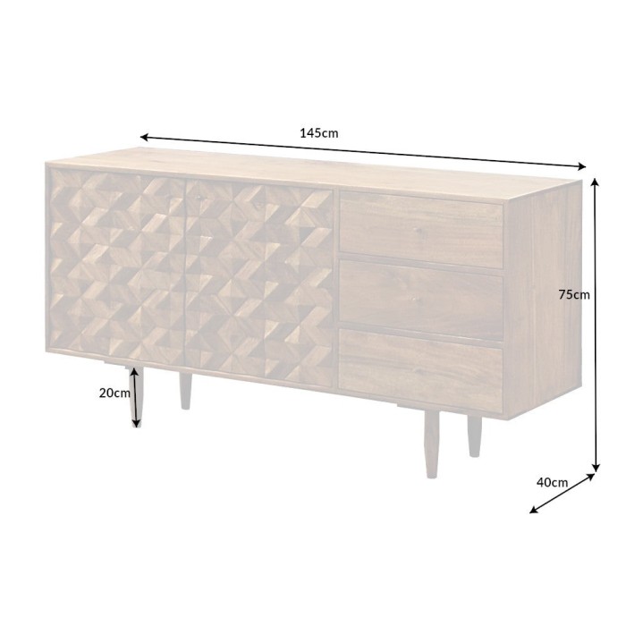 Buffet ARAVIS 145 cm – Bois massif acacia clair sculpté – 2 portes et 3 tiroirs